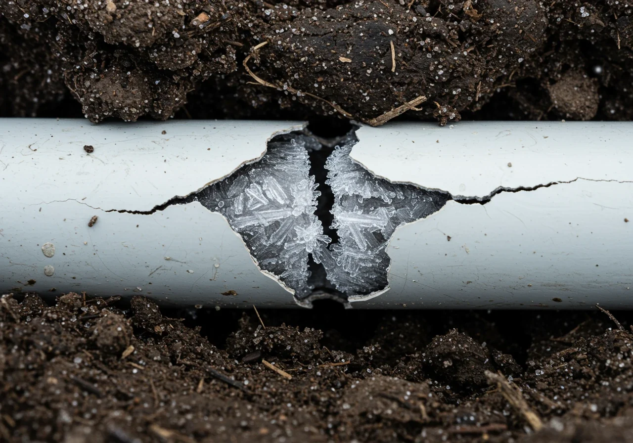 A close-up, dramatic shot focusing on a cracked, frozen PVC irrigation pipe slightly exposed from damp, cold soil. Visible ice crystals should be present within the fracture, emphasizing the damage caused by freezing water.