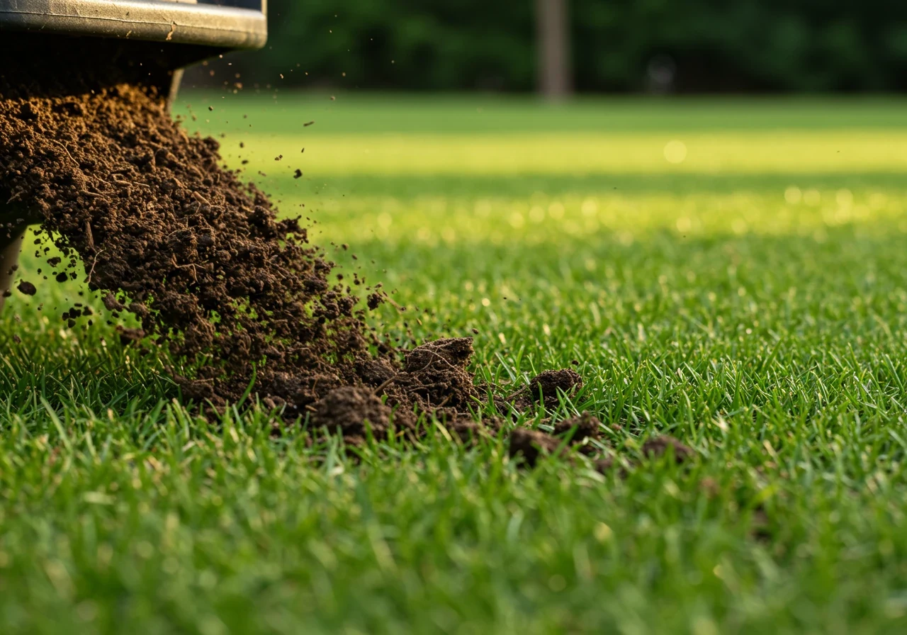 A close-up, ground-level photograph showing the small, cylindrical plugs of soil (cores) left on the surface of a green lawn immediately after core aeration. The image should highlight the texture of the soil plugs and the distinct holes created in the turf, emphasizing the physical process of removing soil.