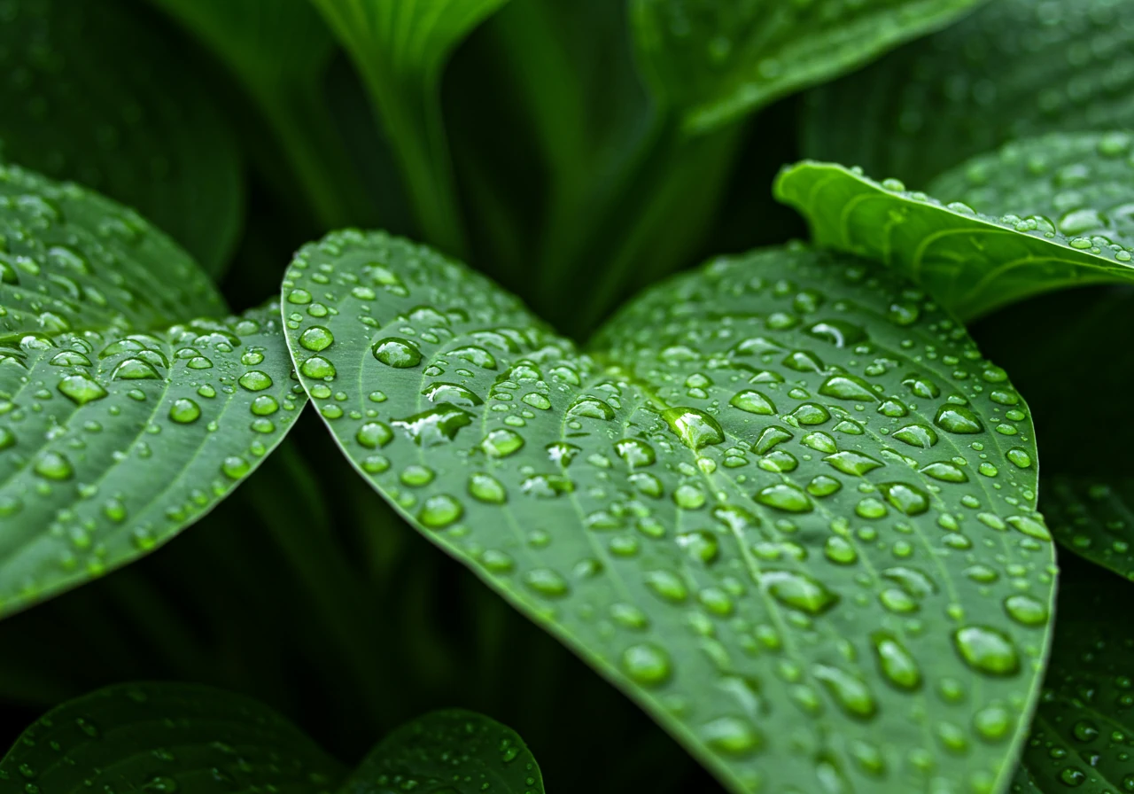 A close-up, macro photograph focusing on healthy, dew-kissed plant leaves (like hostas or leafy perennials) showing ample space between them. The background is softly blurred, emphasizing the air circulation around the individual leaves. No signs of disease are visible.