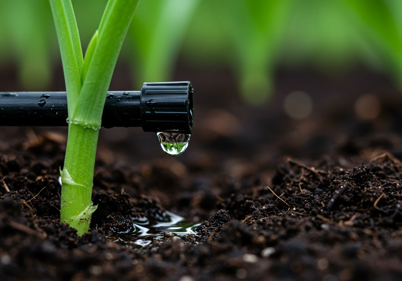 A detailed close-up photograph showing a single black drip irrigation emitter nozzle positioned near the base of a healthy green plant (like a hosta or tomato plant). Water is slowly dripping from the emitter onto dark, moist soil. The background should be softly blurred garden foliage under natural daylight.