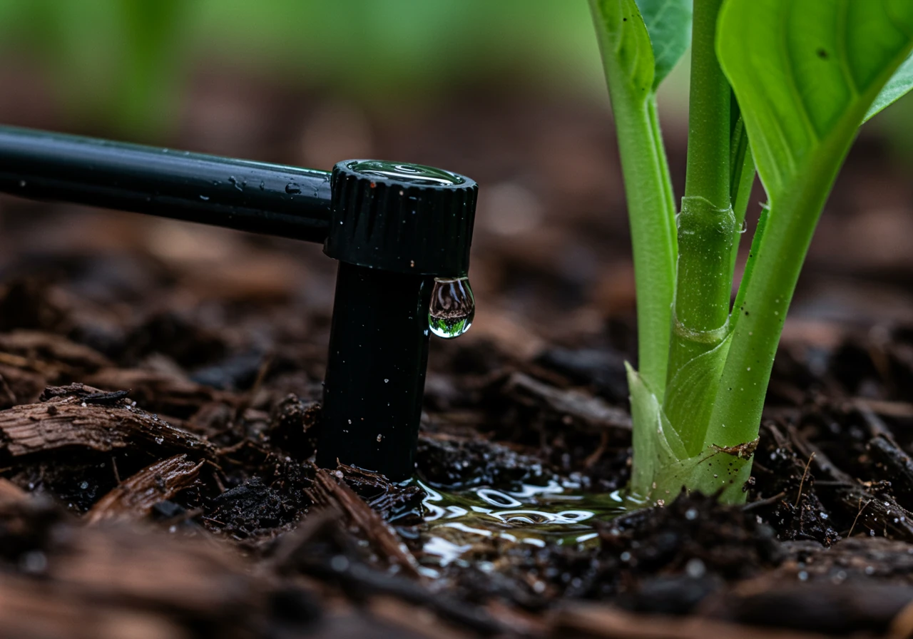 A clear, close-up photograph focusing on a section of drip irrigation tubing laid neatly through dark brown mulch at the base of healthy, vibrant green plants (e.g., hostas or tomato plants). Show a single emitter clearly releasing a slow drop of water, creating a small, dark, moist patch on the soil directly beneath it, illustrating the targeted water delivery.