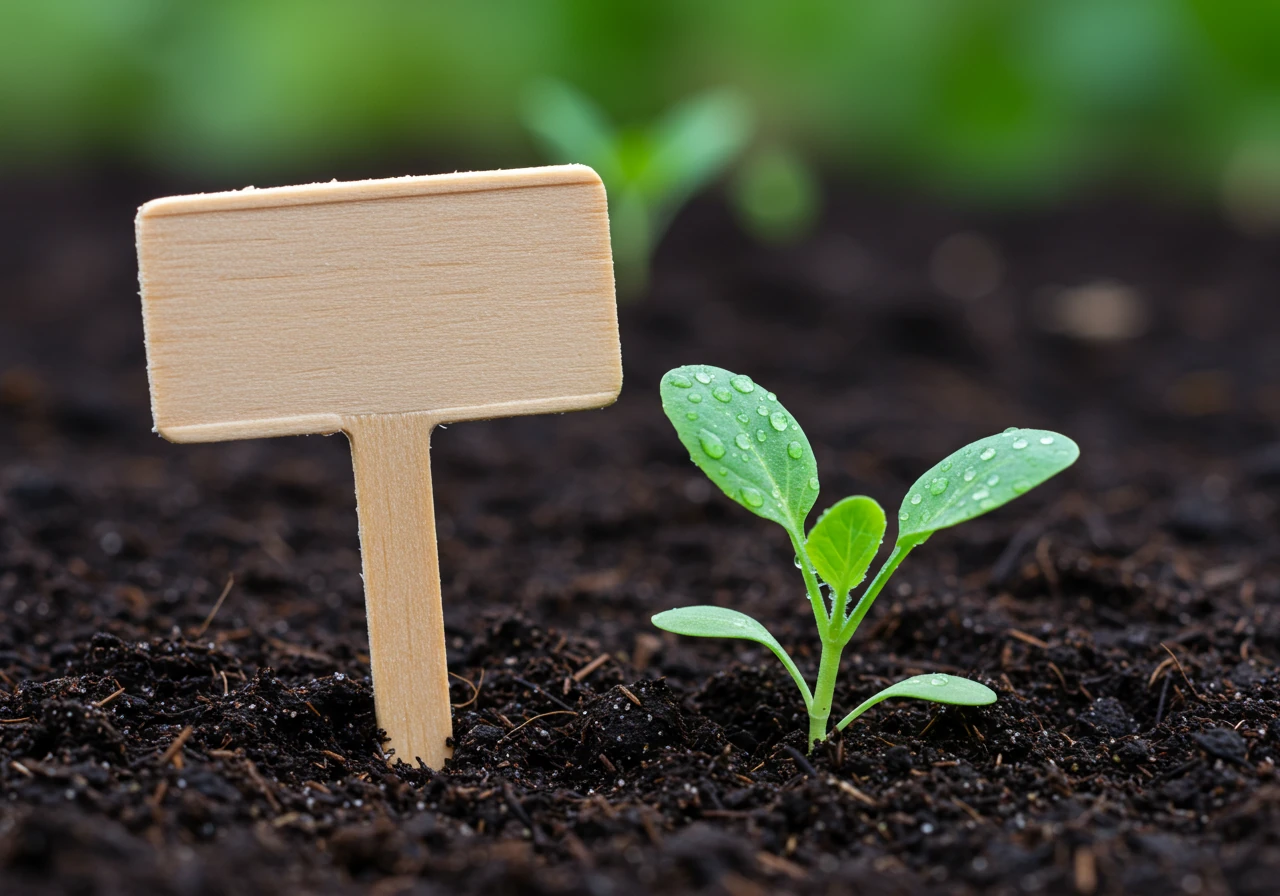A close-up photograph focused on a simple wooden or plastic plant tag (blank, or with abstract symbols, no readable text) inserted into dark, moist garden soil at the base of a healthy, leafy young vegetable plant, possibly a tomato or bean seedling. Dew drops might be visible on the leaves.