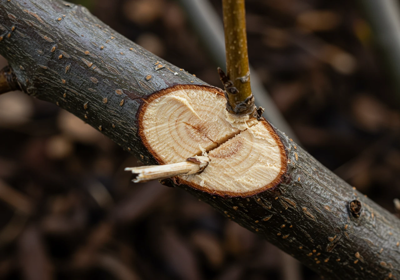 A close-up image focusing on a woody shrub branch immediately after a clean pruning cut has been made to remove a dead twig. The image should highlight the clean surface of the cut on the healthy wood, contrasting with the darker bark of the stem. The small, removed dead twig could be lying subtly on the mulch below. Focus is on the cut itself.