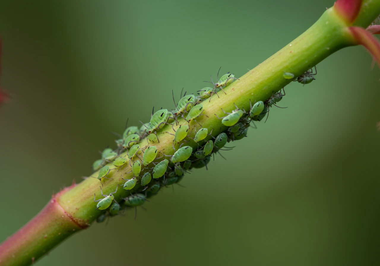 A macro photograph focusing on a common garden pest mentioned, like aphids, on a plant stem. The image should show a cluster of small green aphids gathered on the tender new growth or underside of a leaf of a recognizable garden plant (e.g., rosebud, milkweed). The focus should be sharp on the aphids, showing their detail, while the background is softly blurred. This visually represents the need for close inspection.