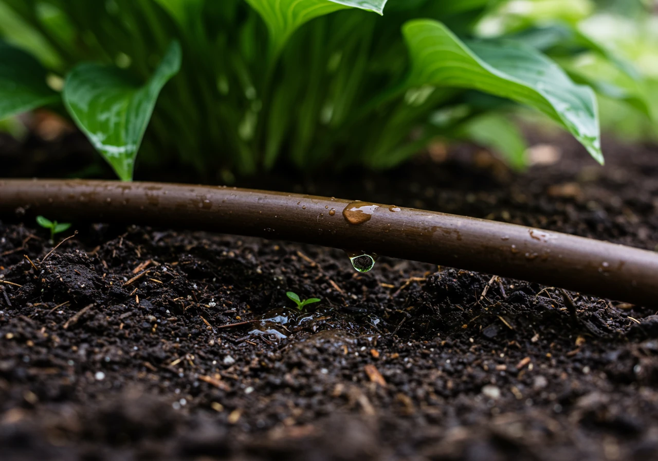 A close-up photograph focusing on a dark brown soaker hose laid neatly on rich, dark garden soil at the base of several leafy green plants (like hostas or ferns). Tiny droplets of water should be visibly seeping from the pores of the hose, directly moistening the soil around the plant roots. The lighting suggests early morning with soft, angled sunlight filtering through the leaves.