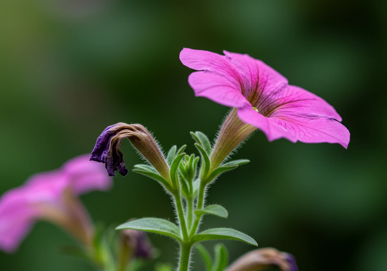 A close-up image clearly showing the contrast between a vibrant, healthy flower bloom and a spent, faded flower head on the same plant stem. This visually demonstrates what needs to be removed.