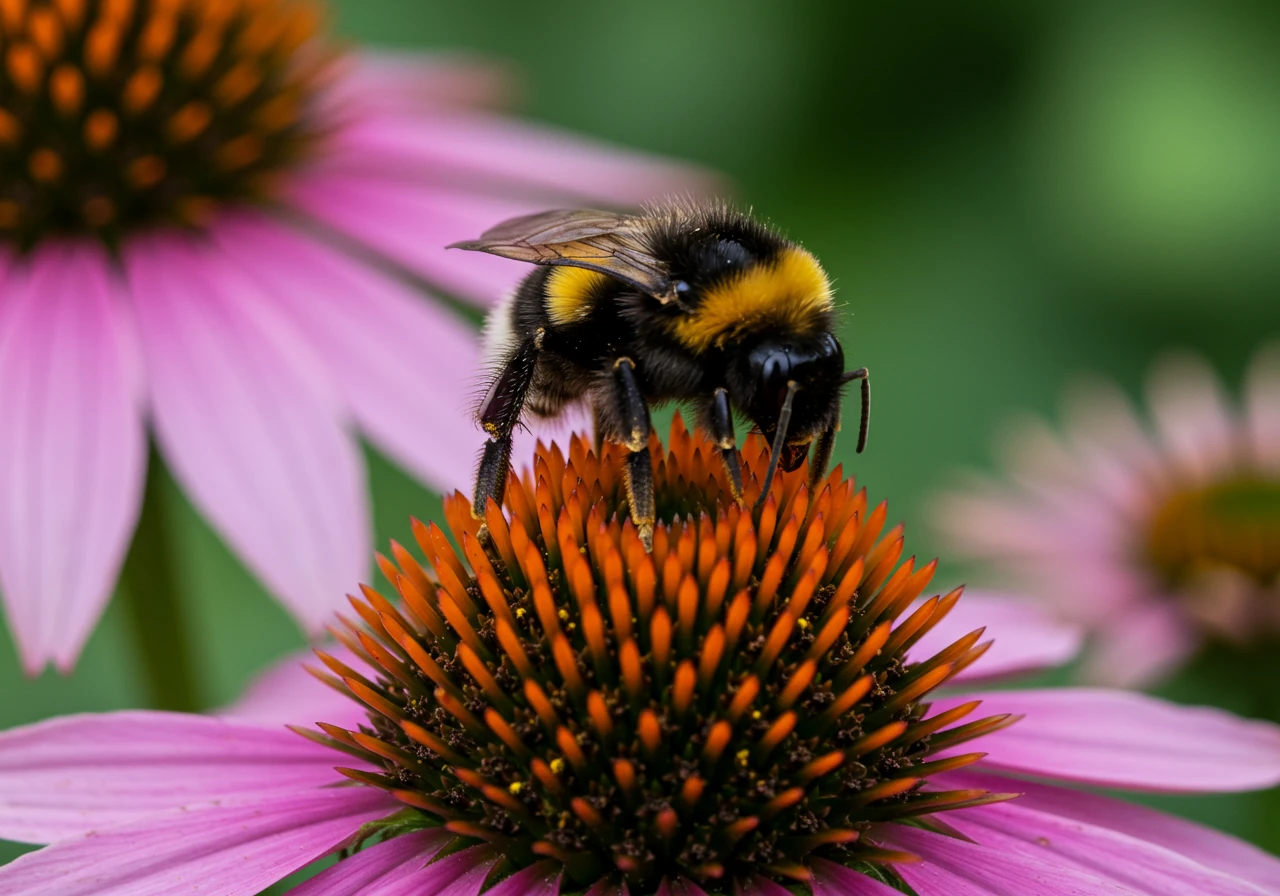 A macro photograph capturing a bumblebee actively collecting pollen from a vibrant purple Coneflower (Echinacea) bloom. The background should be softly blurred green foliage, highlighting the bee and flower. The lighting should be bright and natural, emphasizing the details of the bee's body and the flower petals.