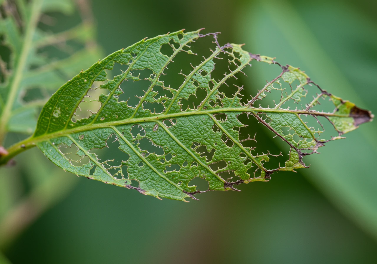 A detailed close-up photograph focusing on a single green leaf from a bean plant or rose bush that has been heavily skeletonized by Japanese Beetles. The intricate network of remaining veins is clearly visible against the missing leaf tissue, showcasing the distinctive lace-like damage pattern. The lighting should be natural daylight, highlighting the texture of the leaf.
