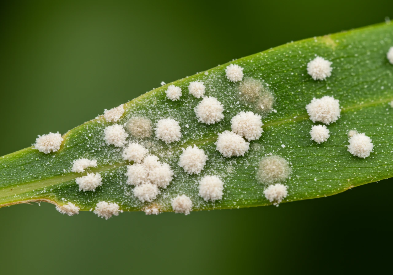 A detailed close-up photograph focusing on a single green plant leaf exhibiting early signs of powdery mildew, appearing as white, dusty patches on the leaf surface. The background should be softly blurred garden foliage.