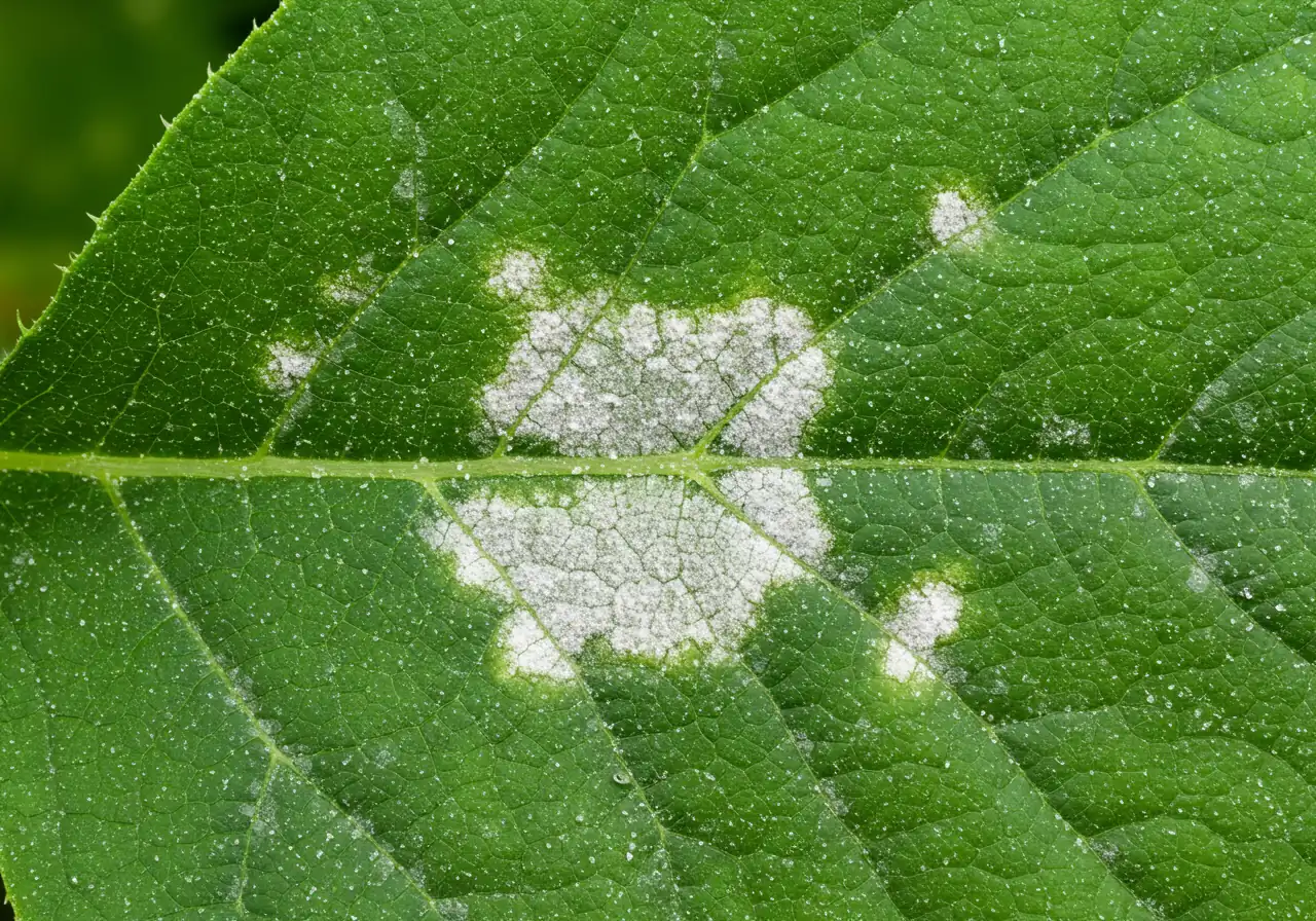 A detailed close-up photograph of a vibrant green squash or cucumber leaf affected by powdery mildew. Show the characteristic white, powdery patches clearly visible on the leaf's surface under natural daylight. The focus should be sharp on the mildew texture against the green leaf.
