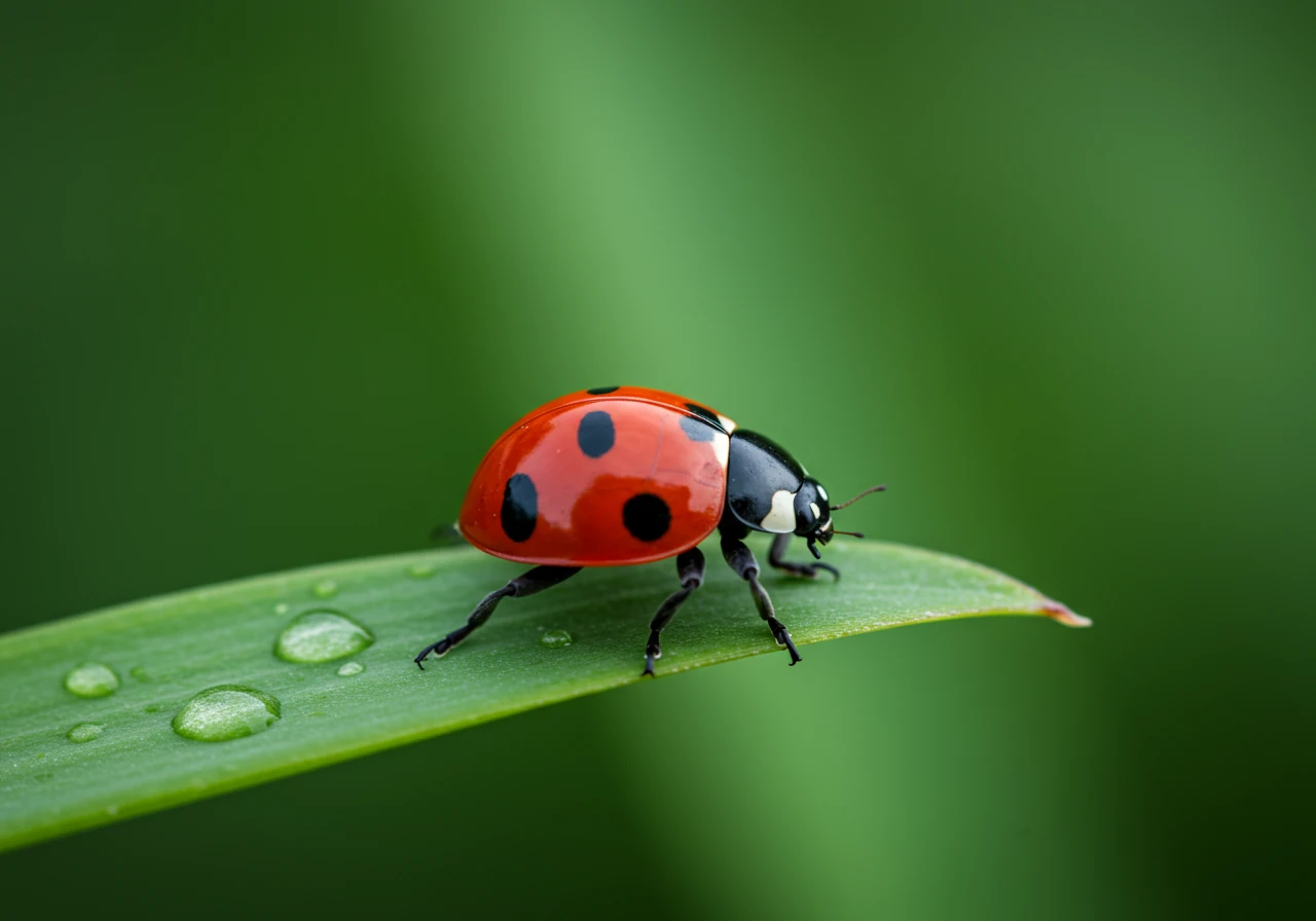 A detailed macro shot of a bright red ladybug resting on a vibrant green leaf in a sunny garden setting. The focus is sharp on the ladybug, symbolizing beneficial insects and natural pest control. The leaf might have a few water droplets but looks healthy, representing a well-maintained garden.