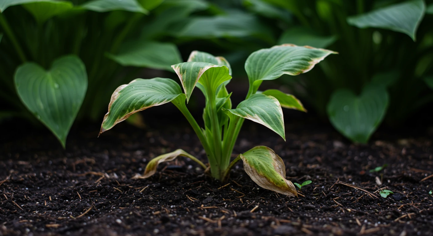 A close-up shot focusing on a single, wilted tulip or hosta plant in a garden bed. The surrounding soil might look slightly too wet or cracked and dry, subtly hinting at a potential 'planting fail' cause like poor drainage or lack of water. The background shows blurred, healthier garden plants, emphasizing the singled-out failure.