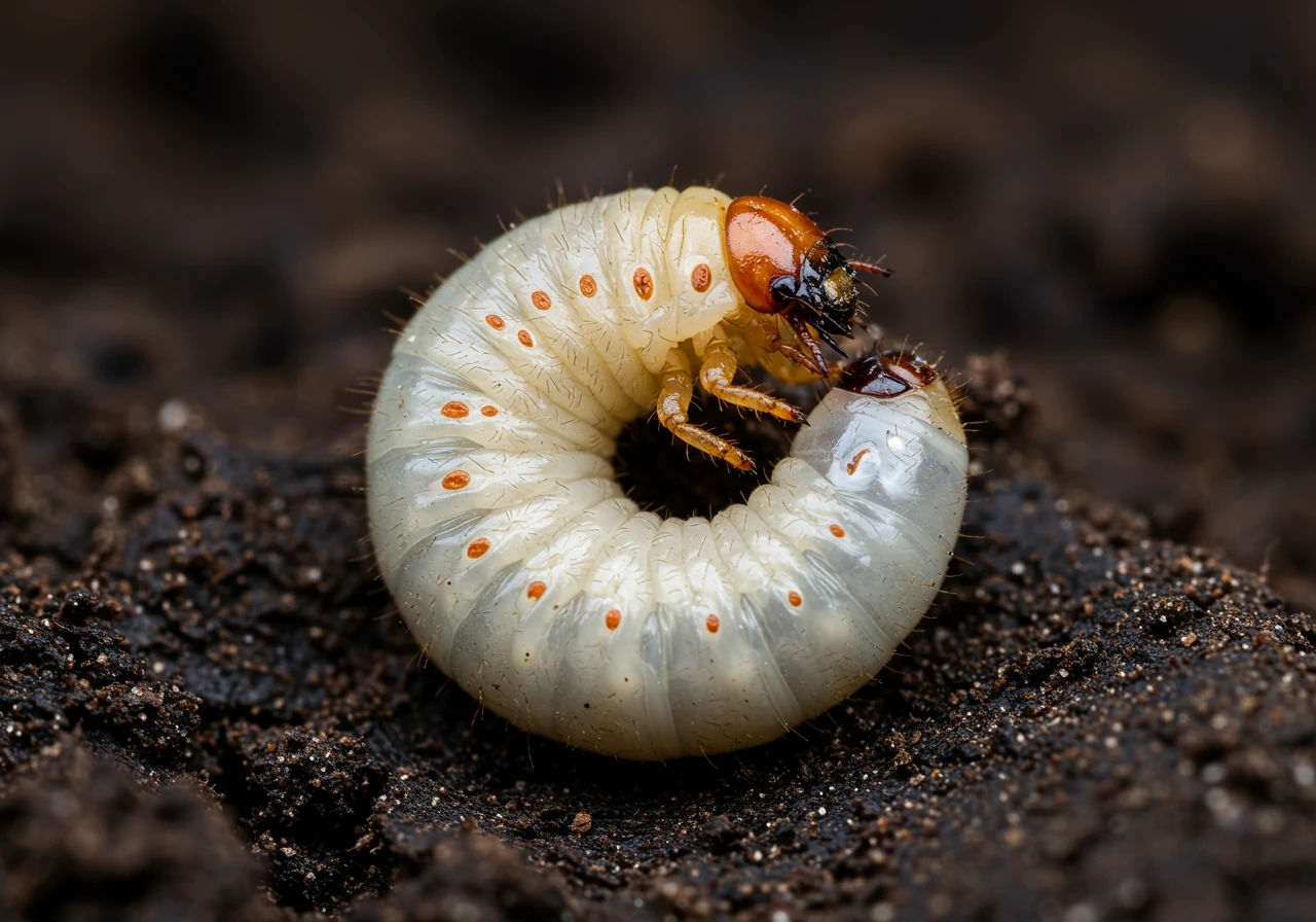 A clear, close-up photograph of a typical lawn grub (larva) resting on soil, showing its characteristic C-shape, creamy-white body, and brown head, helping readers visually identify the pest.