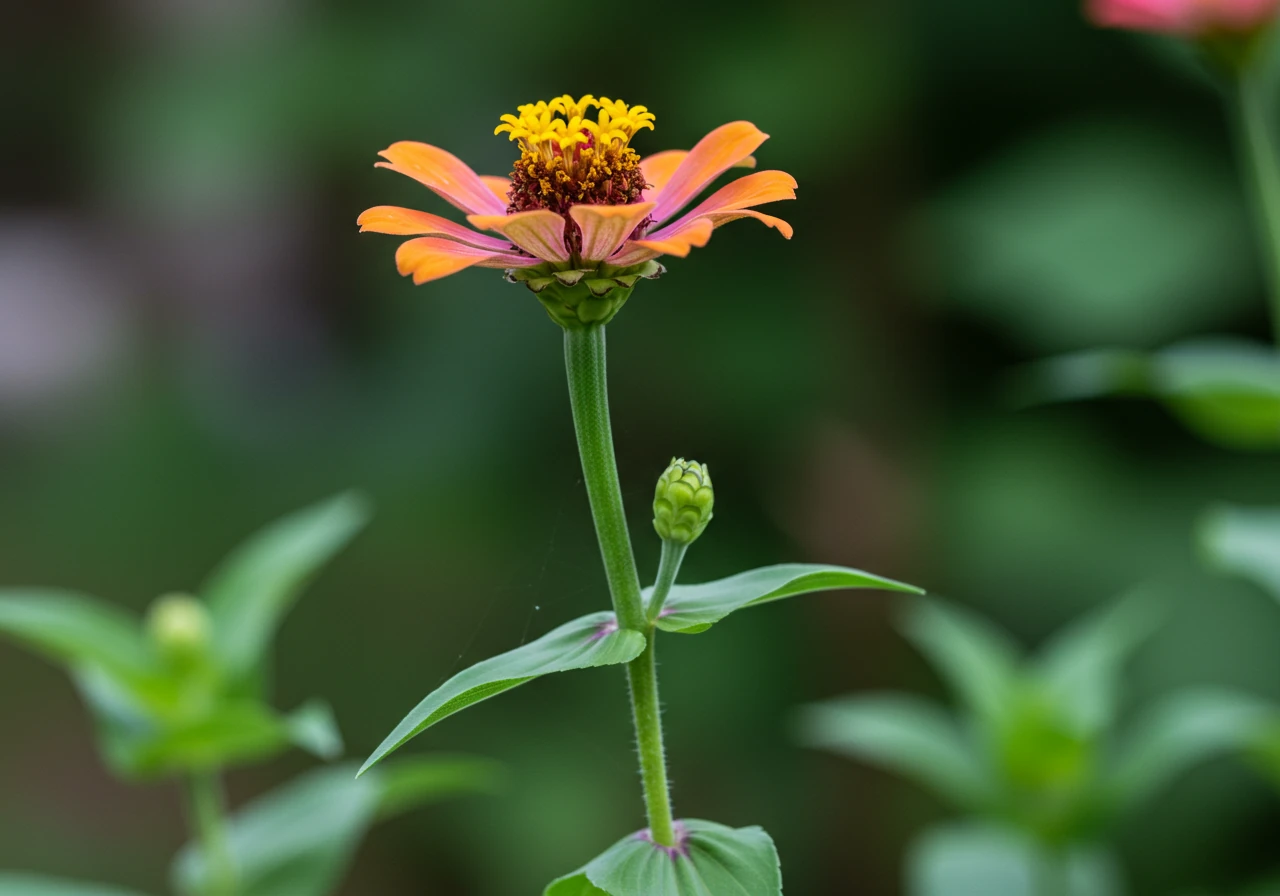 A close-up, detailed photograph focusing on a single Zinnia plant stem. Clearly visible is a faded, browning Zinnia flower head at the top of the stem. Below the faded flower, the stem shows a healthy set of green leaves and potentially a small emerging side bud, visually indicating the ideal location just above the leaves where a deadheading cut should be made. No hands or tools visible.