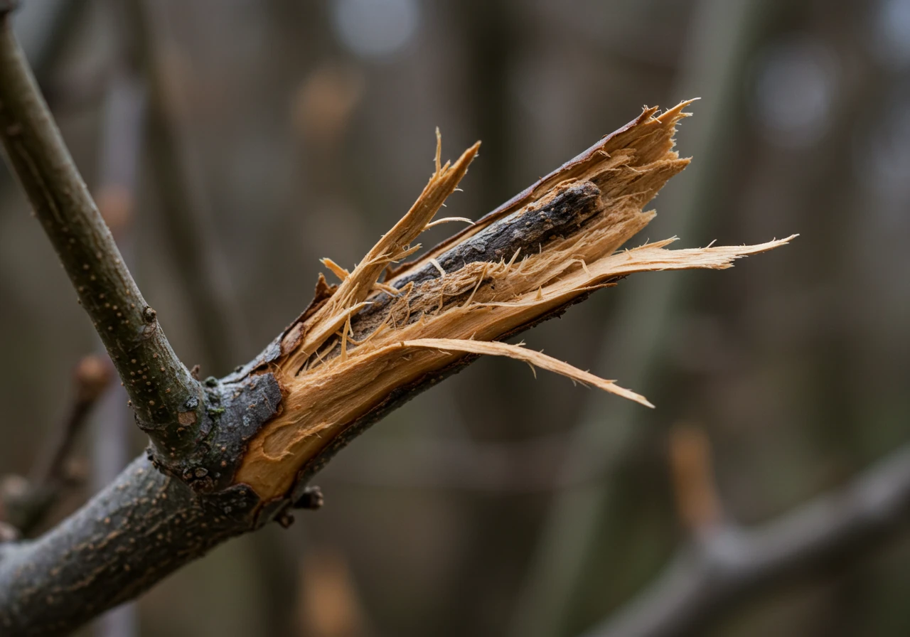 A close-up image focusing on a broken branch of a deciduous shrub, clearly showing the jagged snap caused by heavy snow or ice load. The background could be slightly blurred foliage, perhaps with lingering frost or moisture droplets, emphasizing winter damage requiring pruning.