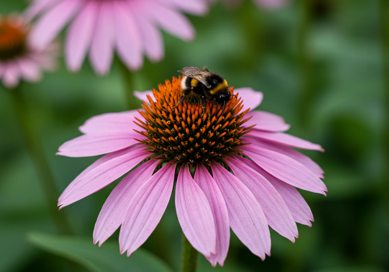A vibrant macro shot of a native Purple Coneflower (Echinacea purpurea) in full bloom, possibly with a bee or butterfly resting on the flower head, collecting nectar. The background should be softly blurred green foliage, emphasizing the flower and pollinator interaction. Bright, natural sunlight.