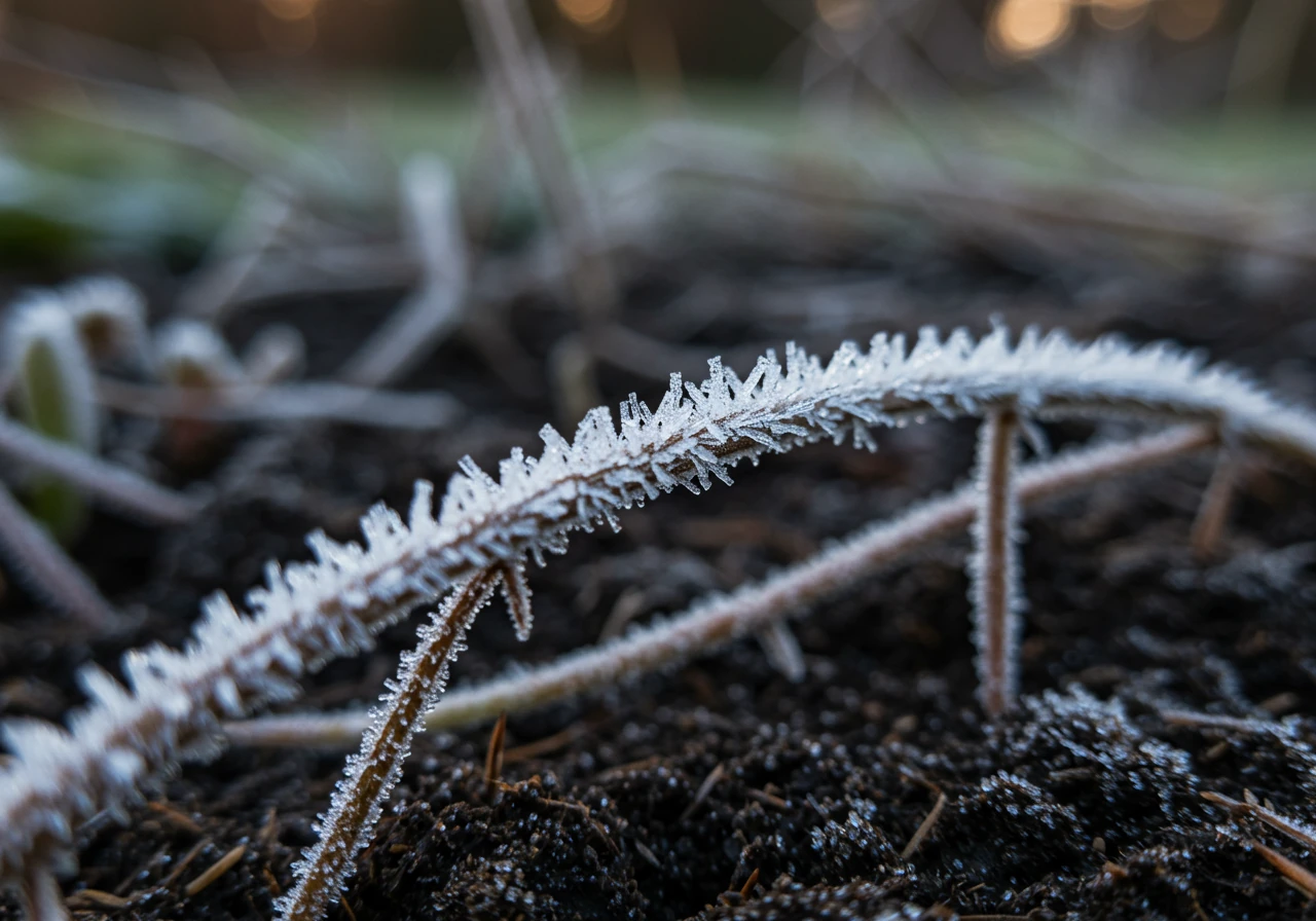A close-up photograph showing early morning frost crystalizing on the edges of dormant perennial stems and the surrounding soil surface, illustrating the freeze-thaw cycle challenge mentioned in the text. The focus should be sharp on the frost and plant base, with a slightly blurred background suggesting a garden setting in late fall.