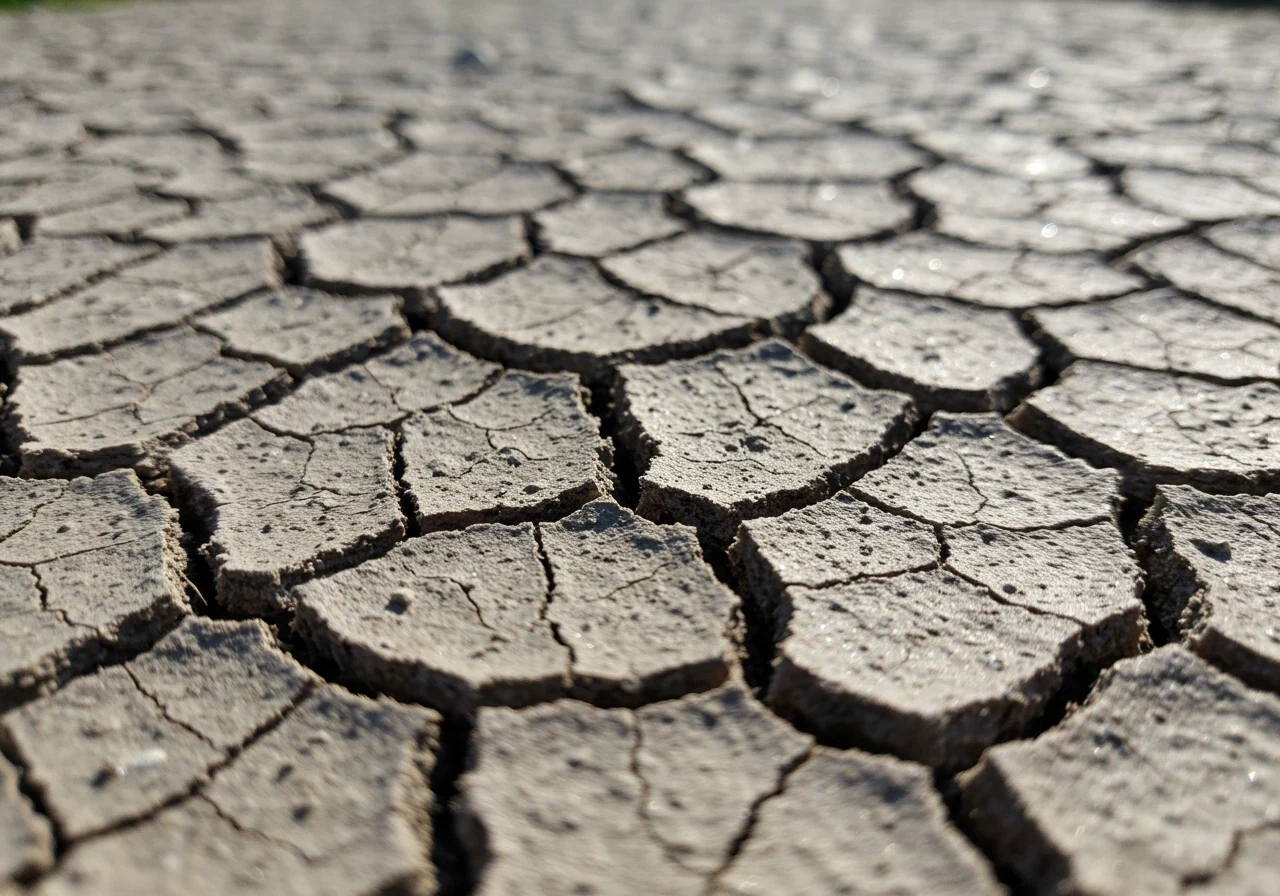 A close-up, detailed photograph focusing on dry, cracked clay soil during a sunny summer day. Show deep fissures in the hardened earth, emphasizing the texture and dryness typical of clay soil baking in the heat. The background should be slightly blurred, suggesting a garden setting without showing specific plants.