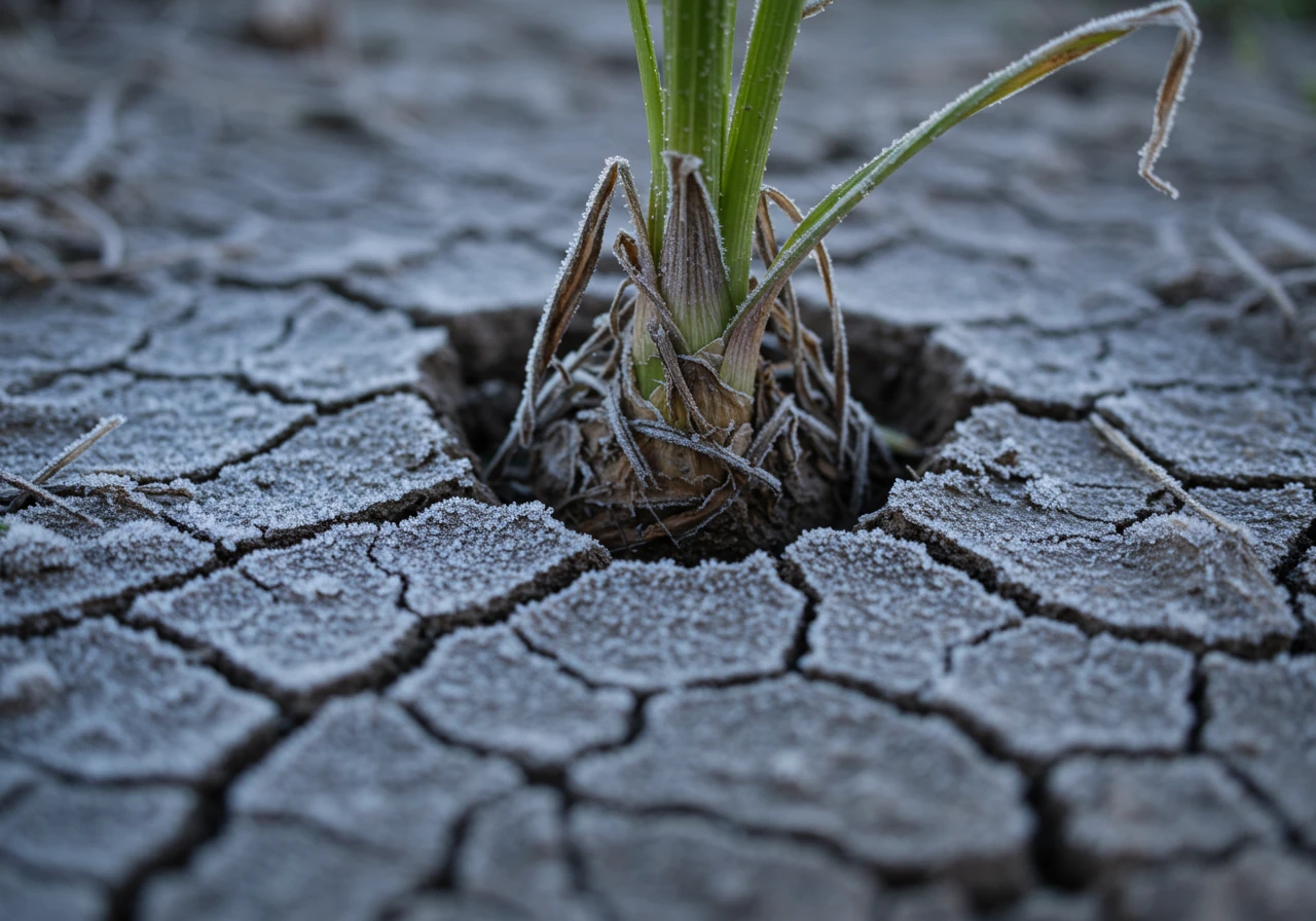 Close-up shot illustrating frost heave. Shows dormant perennial plant base slightly pushed up from cracked, frozen clay soil, highlighting the physical effect of freeze-thaw cycles discussed in the article.