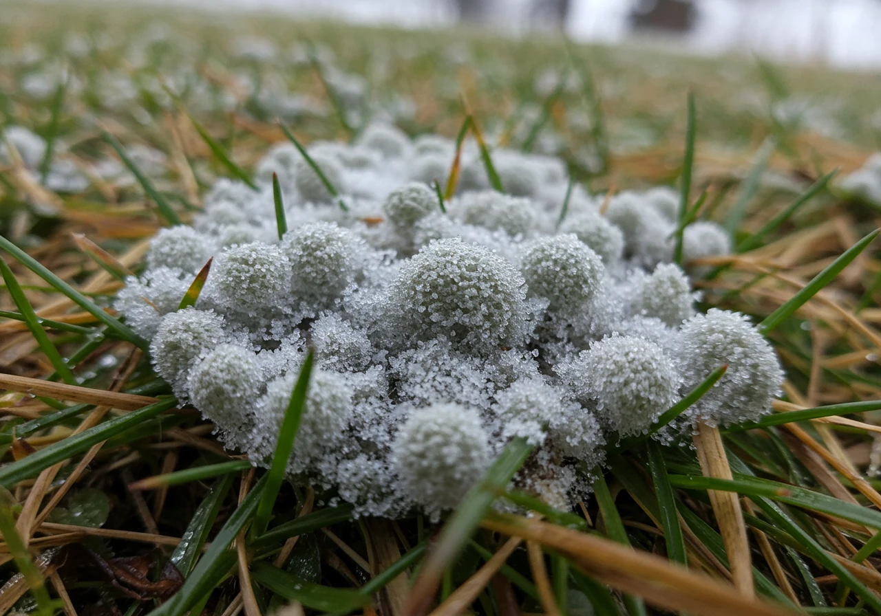 A close-up photograph clearly showing the characteristic greyish, fuzzy patches of snow mold on dormant lawn grass shortly after snow melt. The image should highlight the texture of the mold against the brown and slightly greening grass blades, perhaps with a few droplets of moisture visible, conveying the post-winter, damp conditions.