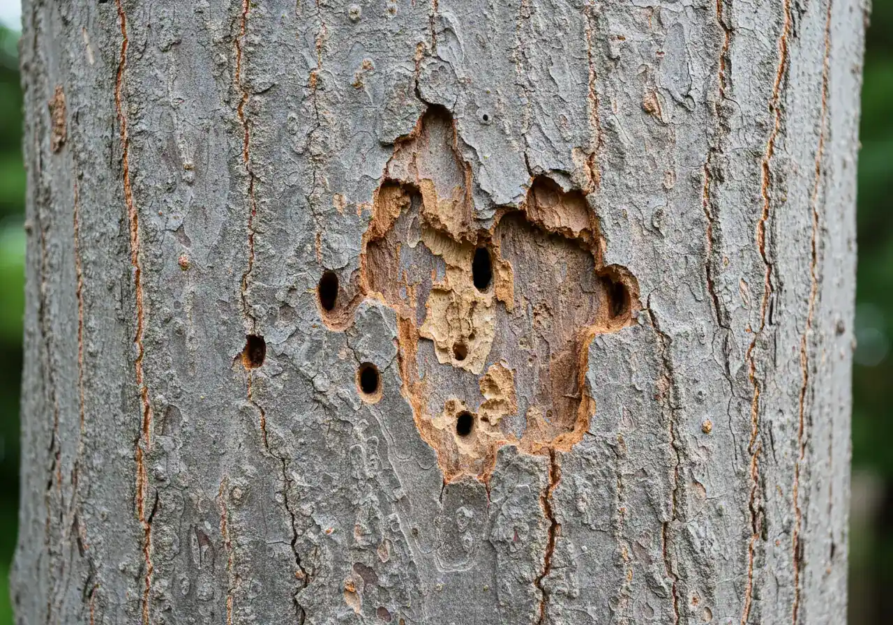 A detailed close-up photograph of ash tree bark showing the distinct, small, D-shaped exit holes characteristic of the Emerald Ash Borer (EAB). Perhaps include a small amount of woodpecker damage (flecking) nearby.