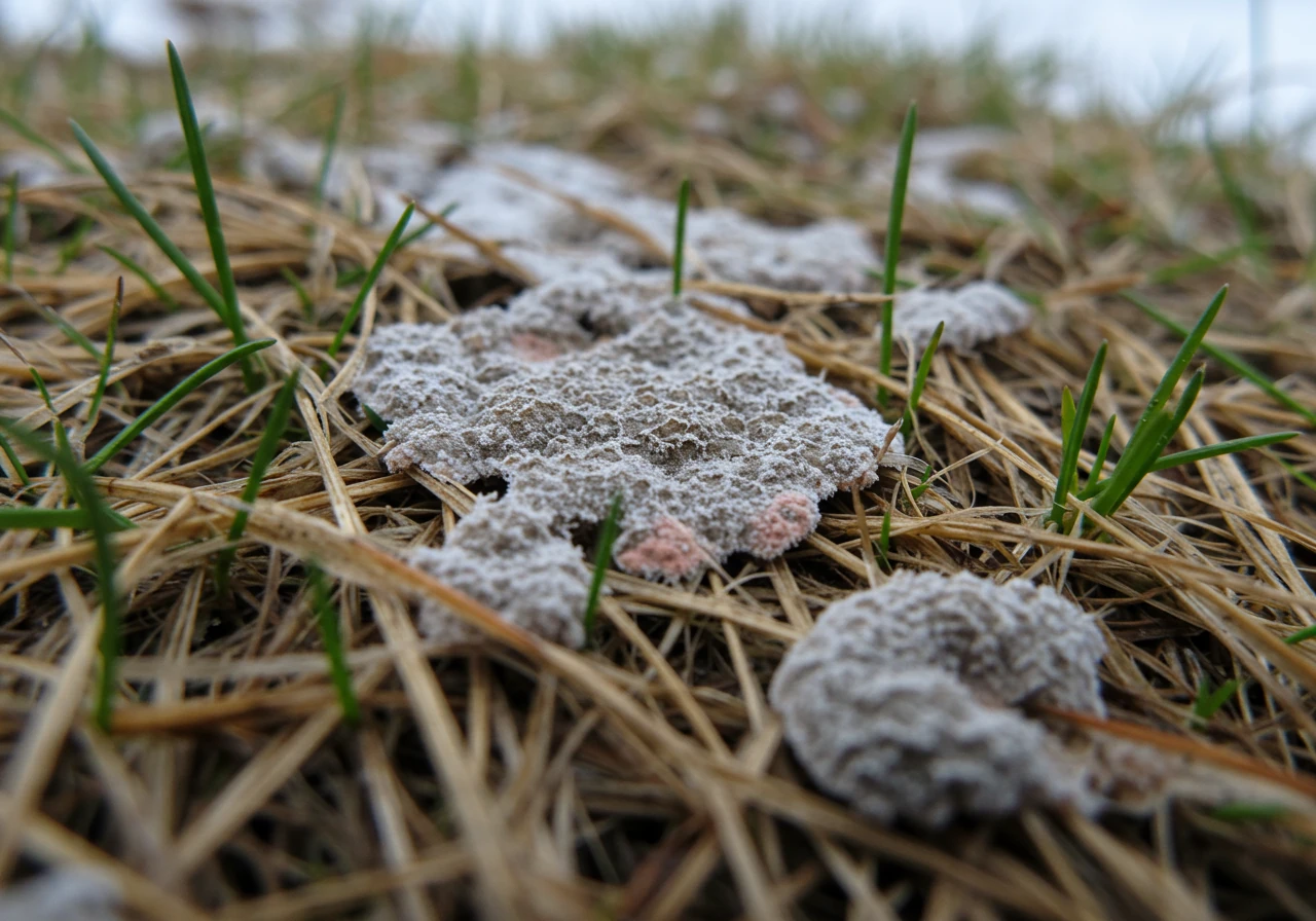 A close-up photograph showing circular patches of greyish-white snow mold fungus damaging dormant brown grass on a lawn during early spring thaw. Illustrates the negative consequence of not removing leaves.