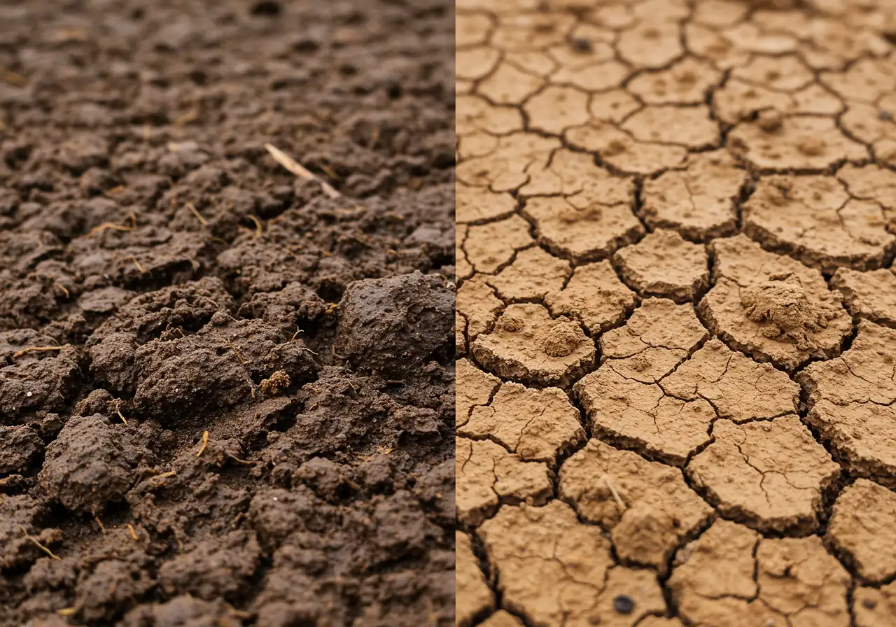 A clear visual contrast between the texture of wet clay soil and dry clay soil. One side shows dark, dense, slightly sticky-looking clay, perhaps with a slight sheen from moisture. The other side shows lighter brown, hard, cracked clay soil.