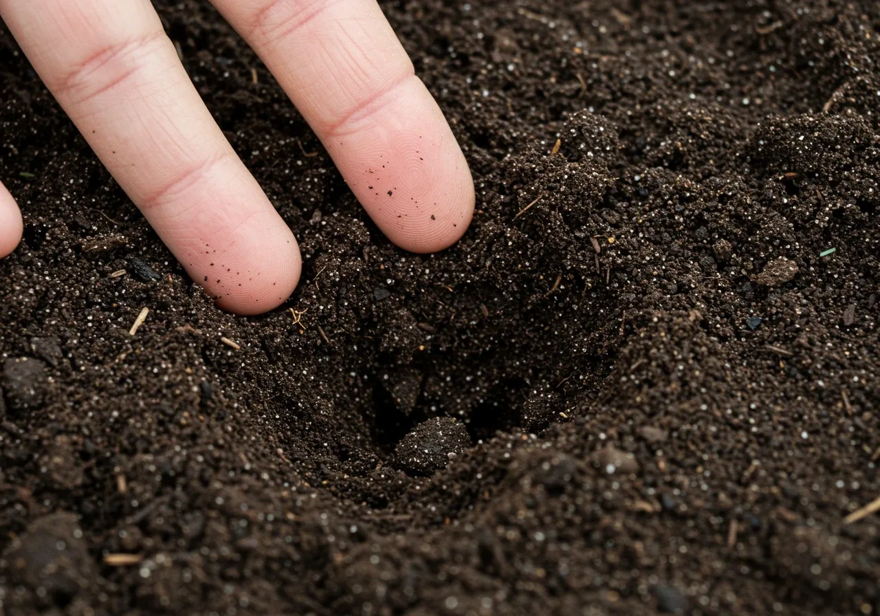 A clear, ground-level shot demonstrating the 'finger test' for soil moisture. The image shows dark, rich garden soil with a distinct indentation where a finger has been inserted up to the second knuckle. Surrounding the indentation, the soil texture should indicate slight dampness (not muddy, not dusty dry). Focus is sharp on the soil texture and the finger mark.