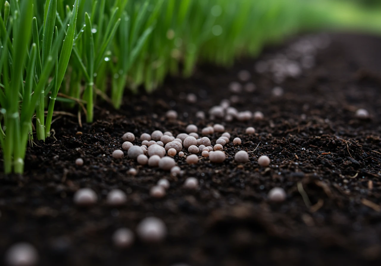 A macro photograph focusing on slow-release granular fertilizer pellets distributed evenly on the soil surface around the base of healthy green grass blades. The image should highlight the texture of the granules and soil, representing the preferred fertilizer type for summer.