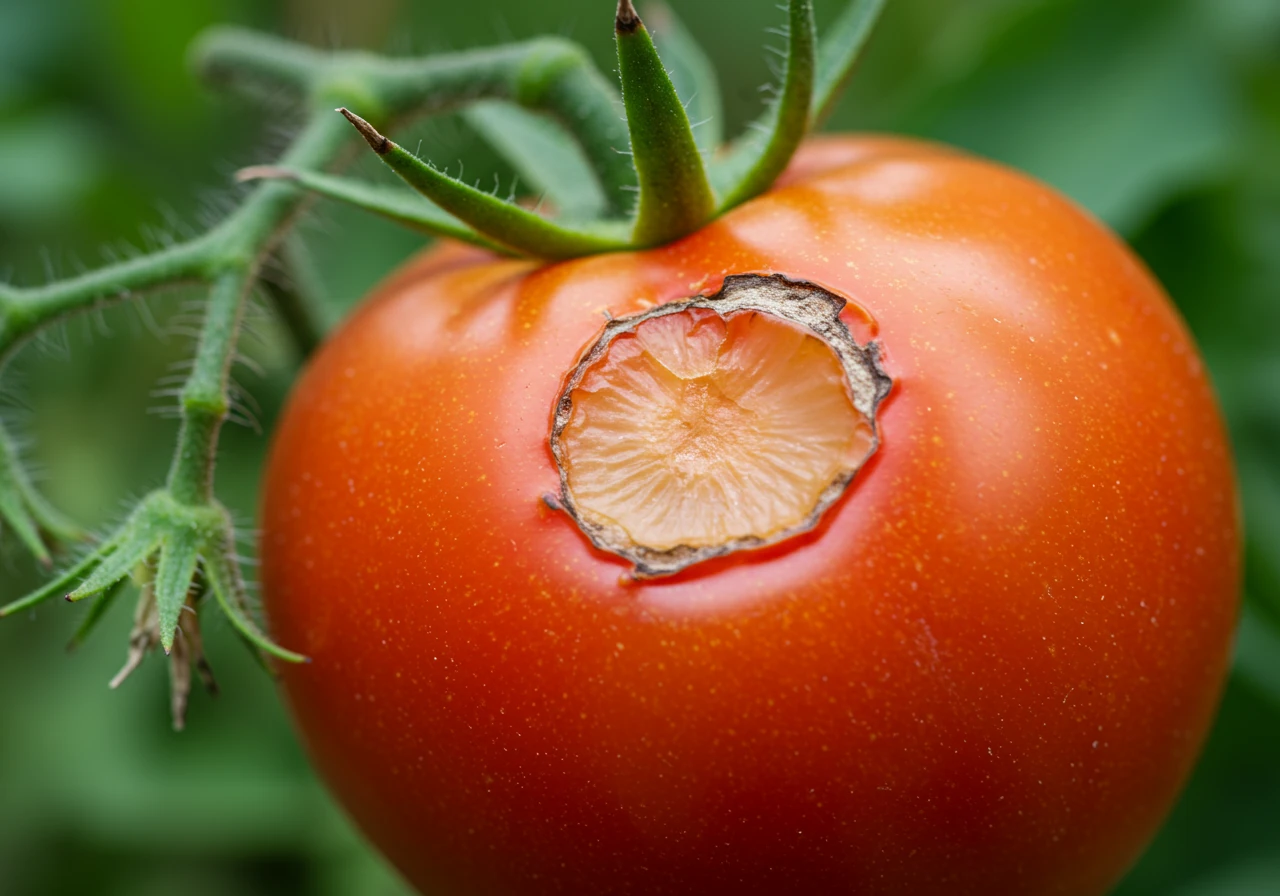 A detailed close-up photograph capturing the characteristic signs of sun scald on a tomato fruit. The image should clearly show the pale, yellowish-white, tough, and slightly sunken patch on the side of a ripening red tomato still attached to the vine. Background shows healthy green tomato plant leaves, slightly blurred.