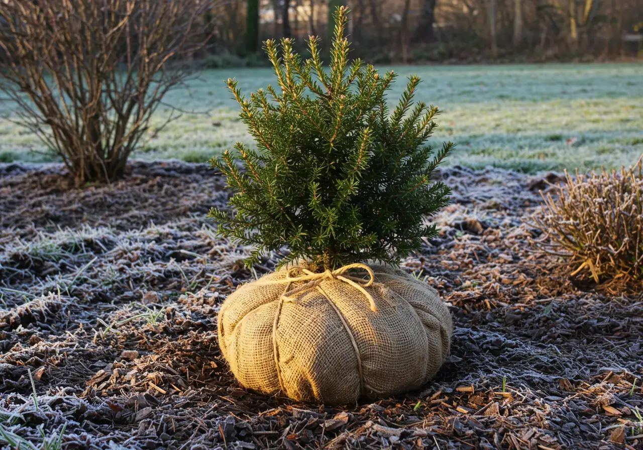 A medium shot of a vulnerable evergreen shrub, like a small cedar or rhododendron, carefully wrapped in natural brown burlap for winter protection. The wrapping is secured neatly with twine, and a light frost dusts the surrounding ground.