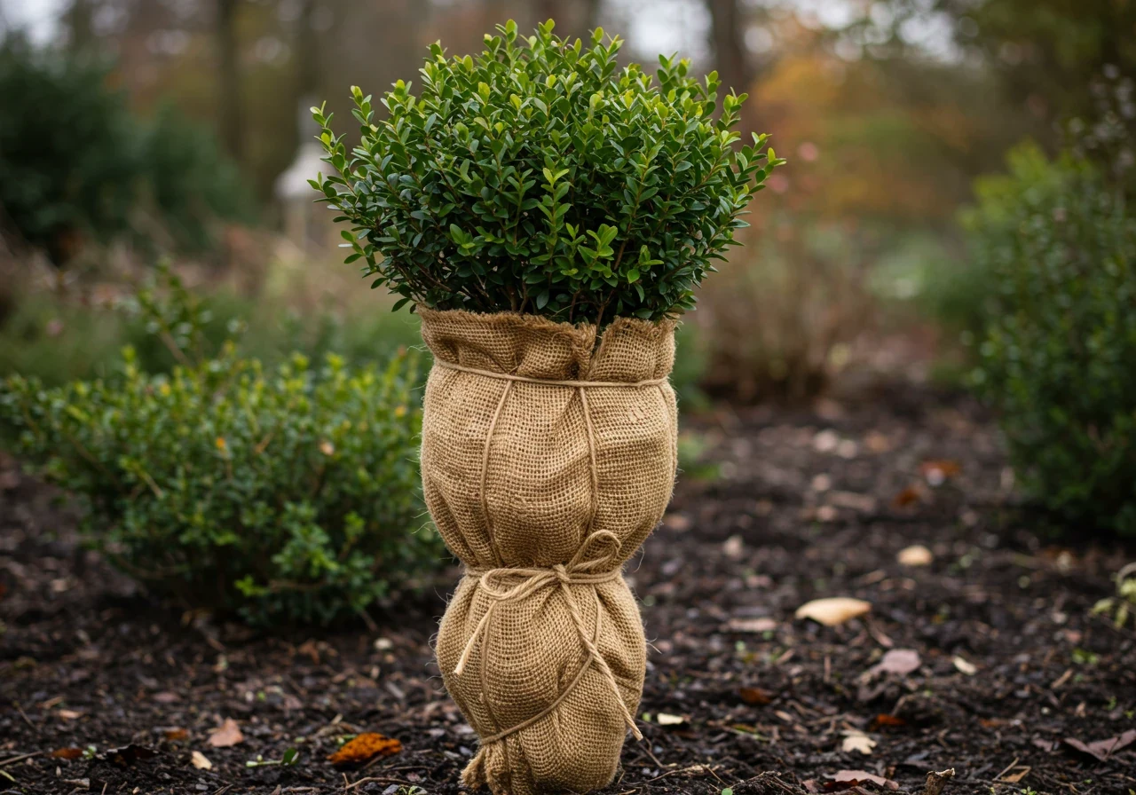 An image of a medium-sized boxwood shrub loosely but securely wrapped in natural-colored burlap for winter protection. The wrap should look protective but not constricting, suitable for shielding against wind and sun scald in a winter garden setting.