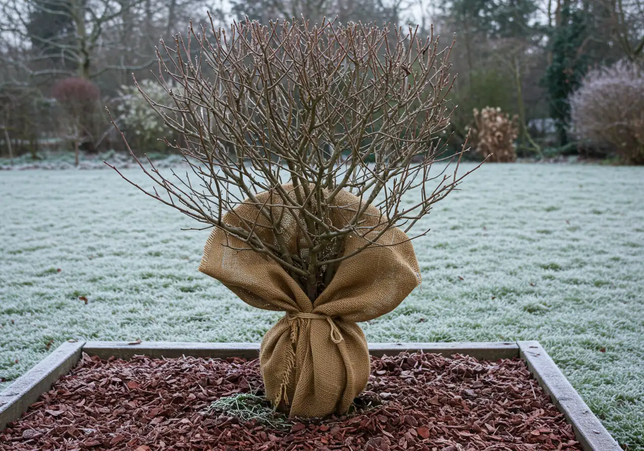 An image clearly showing a vulnerable shrub prepared for winter. Focus on a medium-sized deciduous shrub (like a hydrangea or rose bush, though without identifiable flowers) loosely but securely wrapped in natural brown burlap. The base might show mounded soil or mulch. The setting is a dormant late fall garden, perhaps with a light frost dusting the ground.