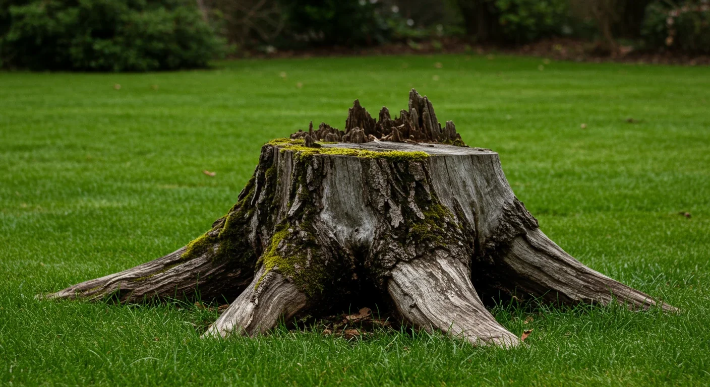 A clear photograph focusing on a single, weathered tree stump sitting prominently in an otherwise tidy suburban lawn. The stump should look out of place and visually interrupt the flow of the green grass, subtly conveying it as an eyesore and tripping hazard without showing people.