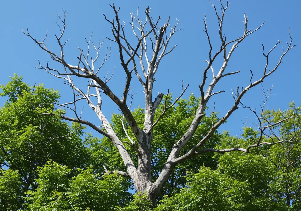 A medium shot capturing a mature deciduous tree during the growing season, where several prominent upper branches are completely leafless, grey, and brittle-looking (deadwood), starkly contrasting against other branches on the same tree that are full of healthy green leaves.