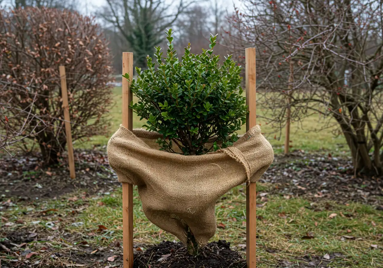 A medium shot of a small evergreen shrub, like a boxwood or dwarf rhododendron, properly wrapped in burlap for winter protection. Shows burlap secured neatly around stakes placed outside the plant's branches, leaving air space, not tied tightly against foliage.