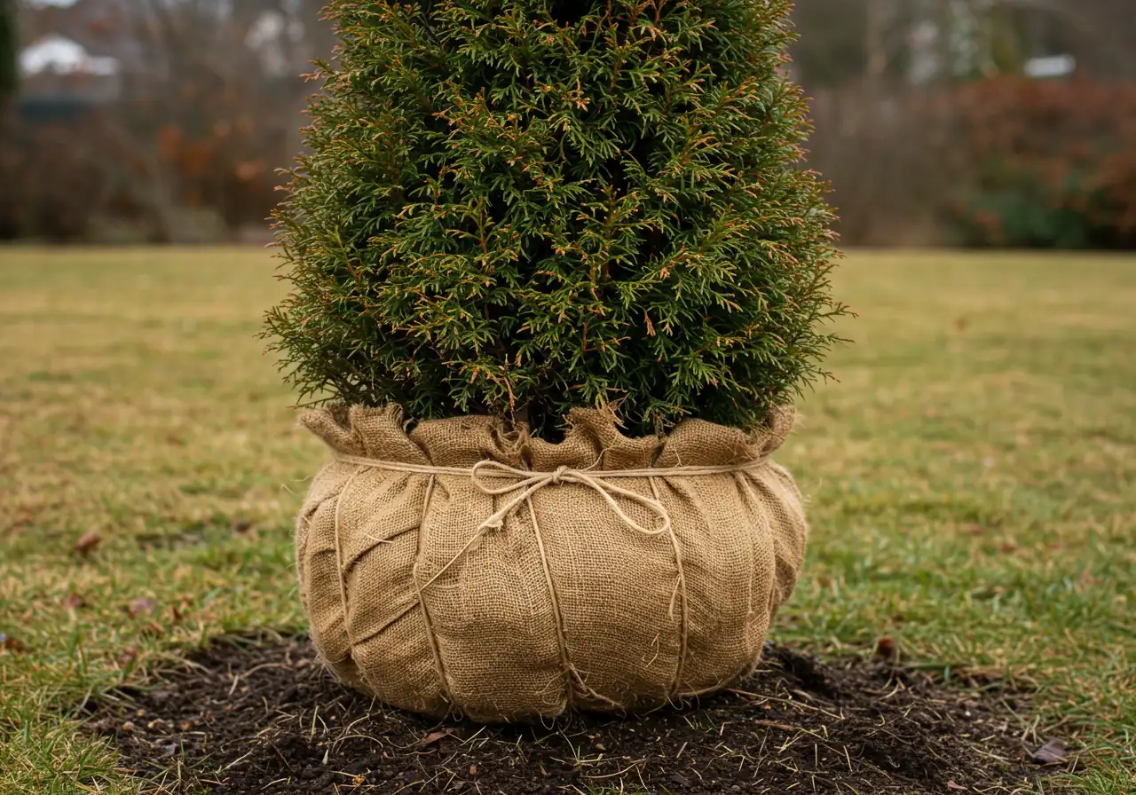 A clear shot of a medium-sized evergreen shrub (like a cedar or boxwood) neatly wrapped in natural burlap for winter protection. The twine securing the burlap is visible, and the wrap extends close to the ground. Set against a backdrop of a dormant lawn or garden.