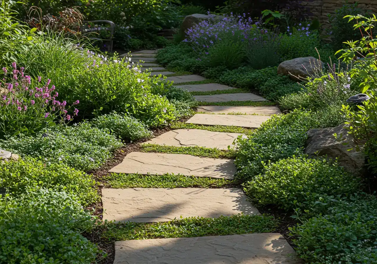 An image illustrating hardscape harmony, showing a natural flagstone or interlocking paver pathway curving gently through a garden area. Low-growing plants like creeping thyme or small ornamental grasses are planted along the edges, softening the transition between the hard pathway and the mulched garden beds containing shrubs or perennials. The scene conveys balance and integration between structural elements and plantings.