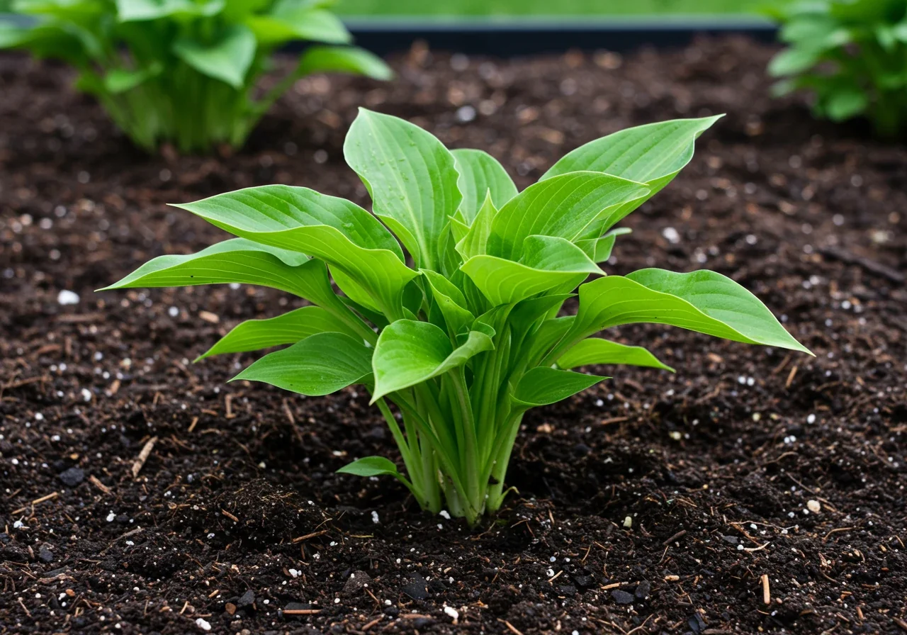 An eye-level shot showcasing a newly planted perennial (e.g., a hosta or daylily) correctly positioned in a garden bed. The image should clearly show the top of the plant's root ball is level with the surrounding dark, amended soil, illustrating the proper planting depth discussed in Step 4.