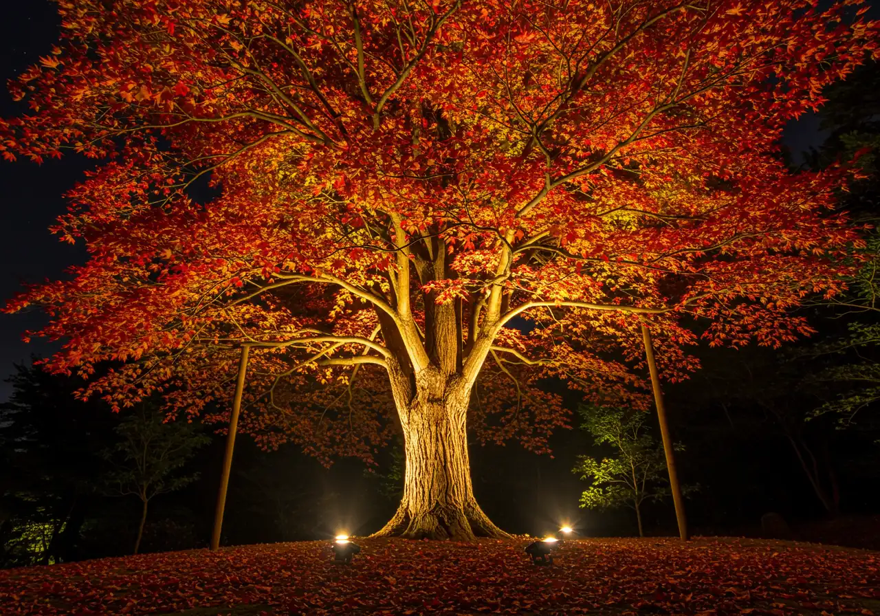 A dramatic nighttime shot focusing on a mature tree with interesting bark texture and vibrant autumn foliage (e.g., a maple or oak). The tree is illuminated from below by a hidden uplight, casting shadows upwards and highlighting its structure and fall colours against the dark night sky. This illustrates the 'Highlight Reel' and 'Style Points' discussed.