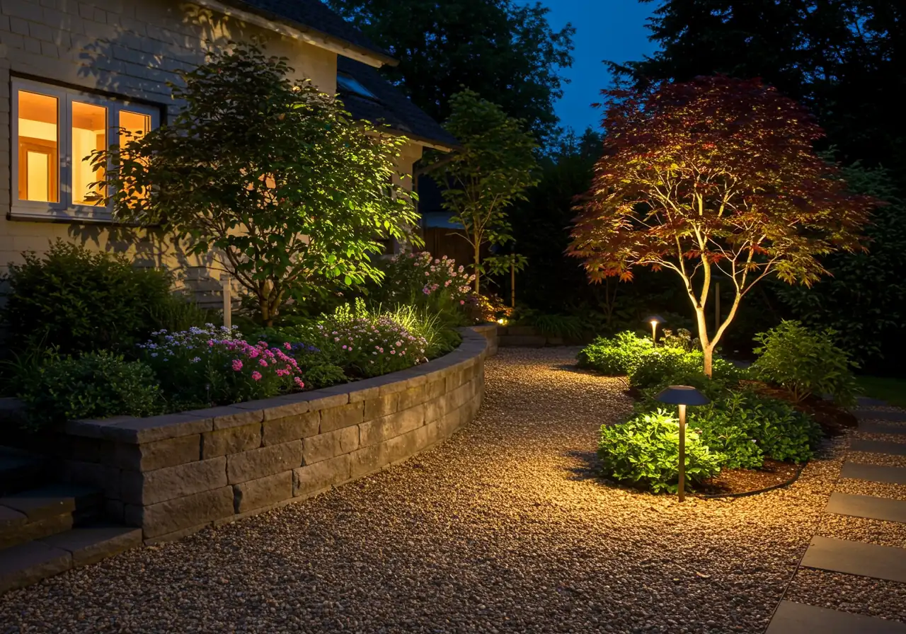 A wider view of a home's front yard or garden bed at night, demonstrating layered lighting techniques. Show clearly defined pathway lighting (task), soft ambient light washing onto a low garden wall or shrubs, and a focused spotlight (accent) highlighting a specific landscape feature like a small ornamental tree or a bird bath statue. The fixture hardware should be minimally visible.