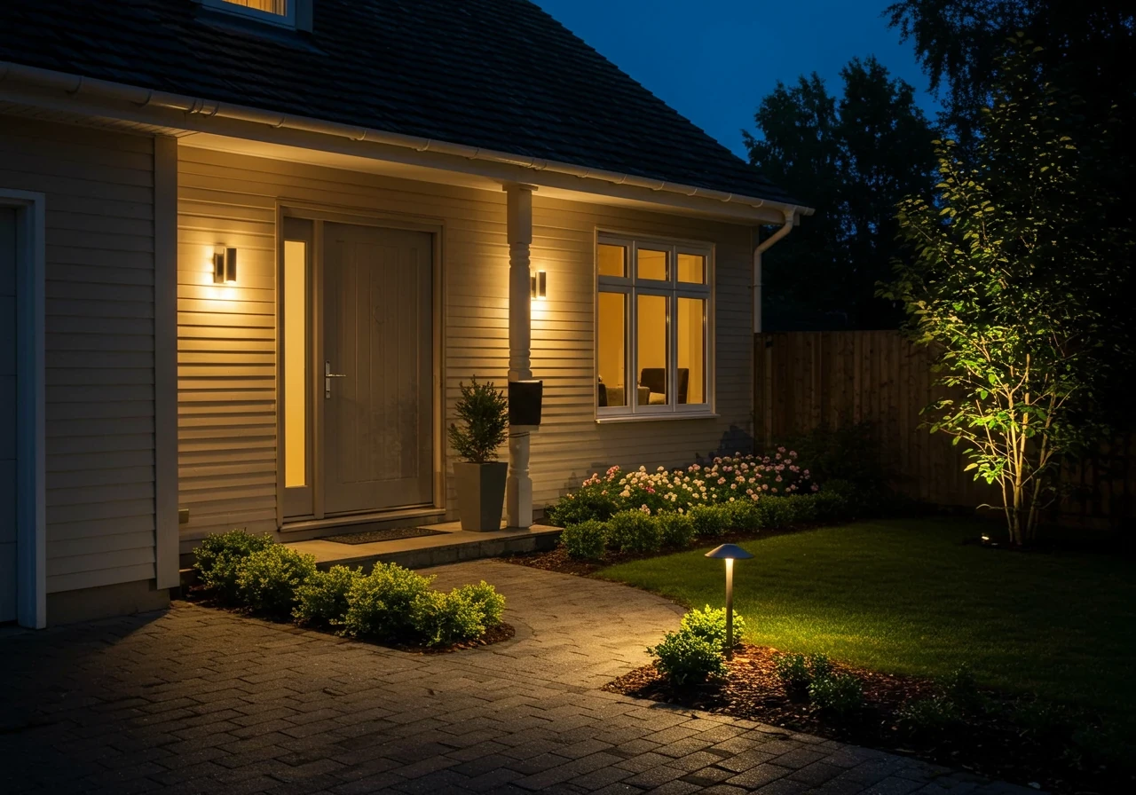 The front entrance of a cozy house at night, showcasing layered outdoor lighting. A stylish wall sconce beside the front door provides welcoming light, low-level path lights illuminate the walkway leading to the door, and a subtle uplight highlights an architectural feature like a stone pillar or interesting shrubbery nearby. The overall effect is warm, inviting, and balanced, not overly bright.