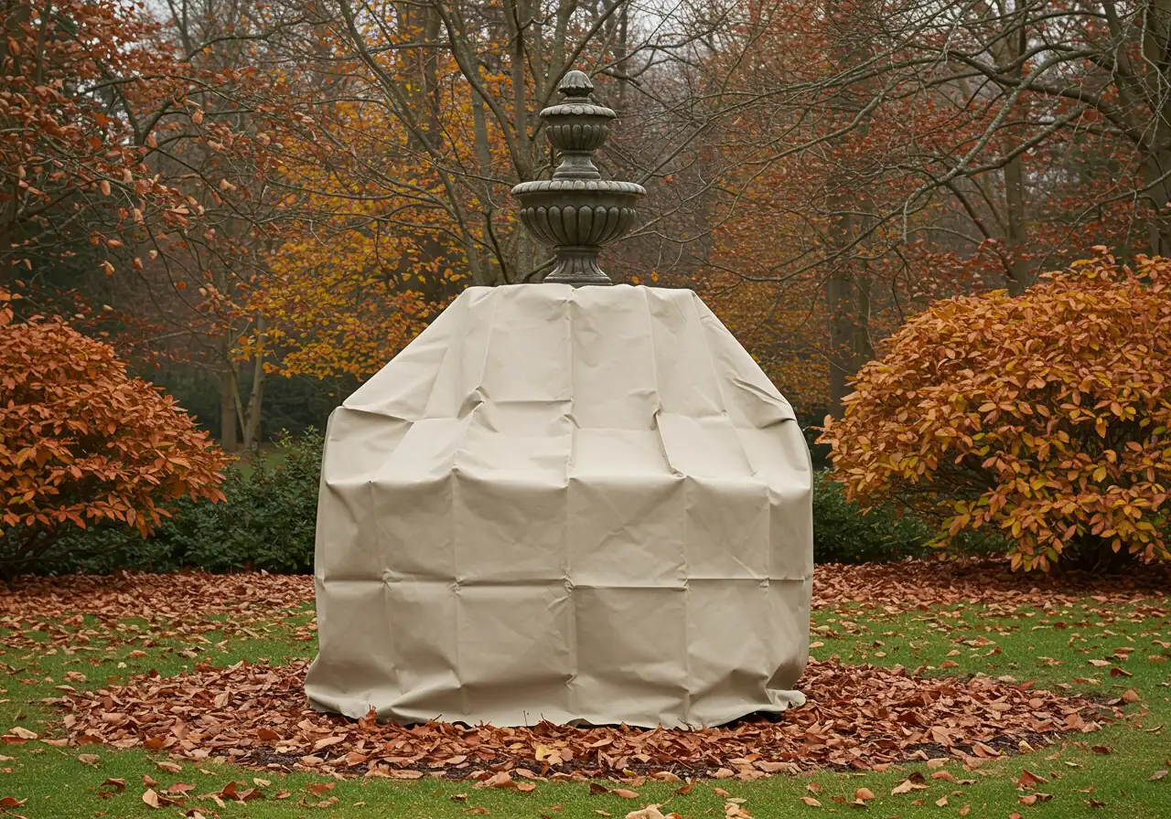 An image of a medium-sized, tiered outdoor water fountain completely covered and secured for winter. It should feature a durable, waterproof, neutral-colored (e.g., beige, grey) cover tightly fastened around the base. The surrounding garden area shows signs of fall (fallen leaves, dormant plants), indicating readiness for winter.