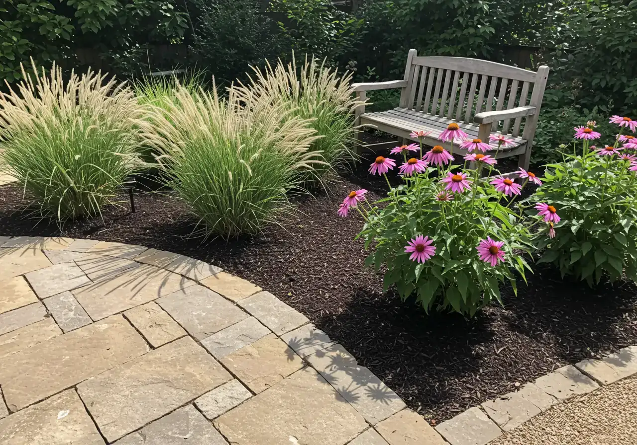 A well-designed patio layout featuring a seating area seamlessly integrated with surrounding landscaping. Shows a curved stone patio edge meeting a neatly mulched garden bed filled with ornamental grasses and flowering perennials. A classic wooden bench is visible nestled slightly within the garden bed.