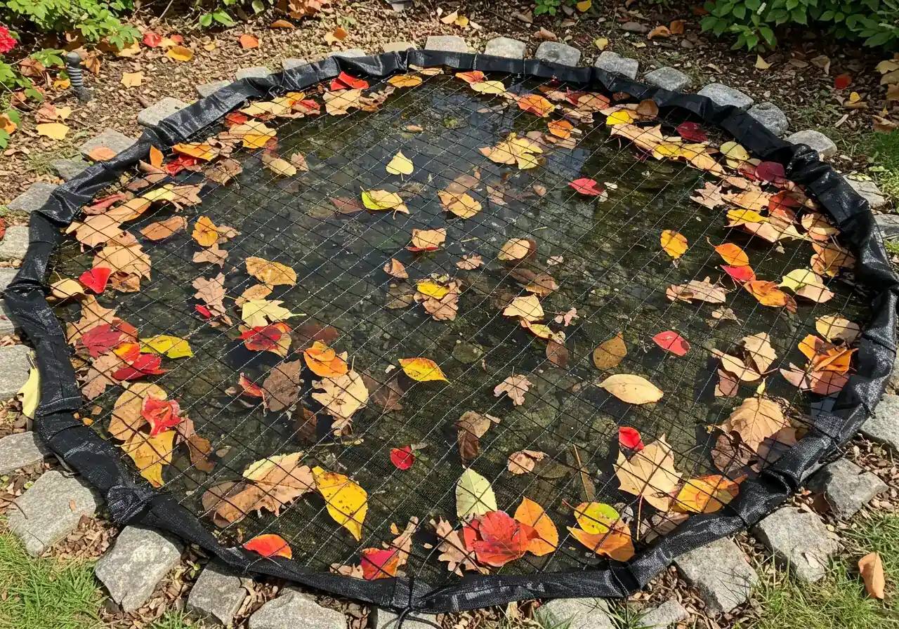 A clear visual of pond netting stretched securely across a backyard pond, effectively catching colourful fallen autumn leaves before they enter the water. The image should convey the practicality and benefit of using netting.
