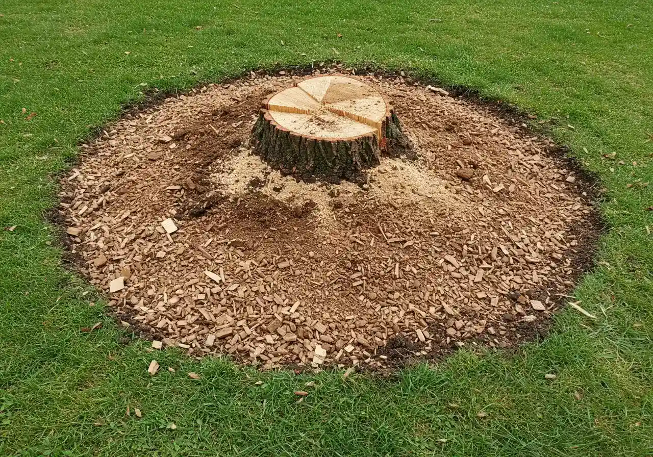 An overhead or slightly angled shot looking down at a circular patch on a green lawn where a stump has recently been ground. The area is filled with a mixture of fresh, light-brown wood chips and dark soil. The surrounding lawn is intact. No machinery or people are visible, just the result of the grinding.
