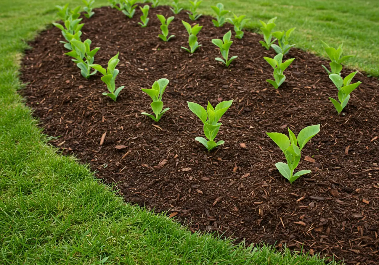 A visually clear image showing the final step of installation: a newly planted flower bed with young plants (e.g., small hostas, newly blooming annuals) neatly spaced. A fresh, even layer of dark brown shredded bark mulch covers the exposed soil surface between the plants, extending to a clean edge against a lawn. The mulch should look moist and rich, highlighting its benefits.