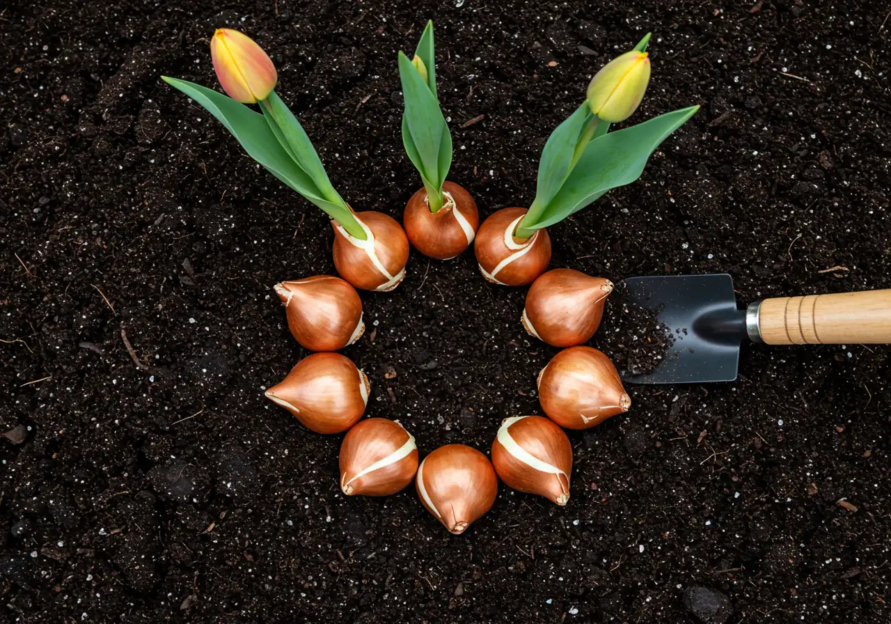 An overhead close-up view looking down into rich, dark garden soil where several spring-flowering bulbs (like tulips or daffodils) are placed pointy-side-up in a planting hole, ready to be covered. A small hand trowel could be resting beside the hole, but no hands visible. The soil texture should be prominent.