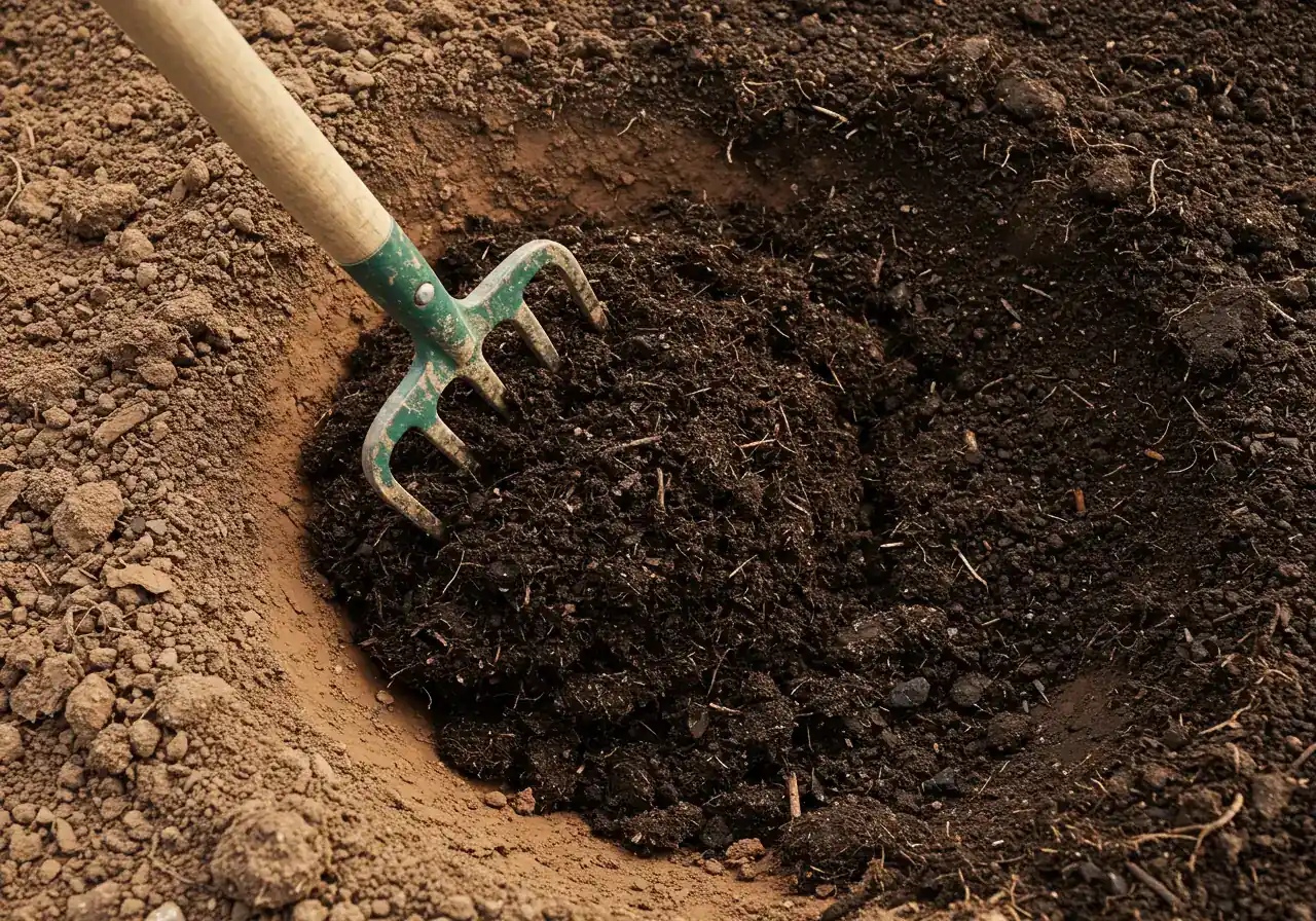 An image showing dark, rich compost being incorporated into lighter-colored, clumpy clay soil. A garden fork is partially visible, actively mixing the materials. The texture difference between the fluffy compost and the dense clay should be evident.