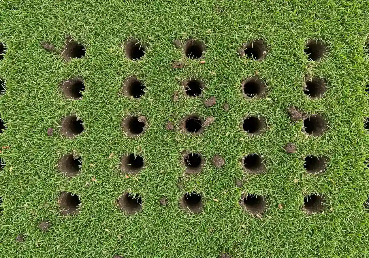 An overhead or slightly angled close-up view showing grass seed scattered over a recently aerated lawn. The image should capture the contrast between the green grass, the dark aeration holes/plugs, and the lighter-colored grass seeds, illustrating the concept of overseeding directly after aeration for optimal seed-to-soil contact.